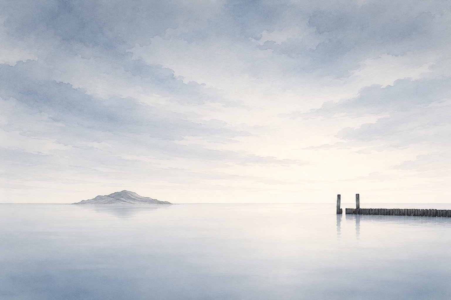 Calm watercolor seascape with a distant island and a wooden breakwater